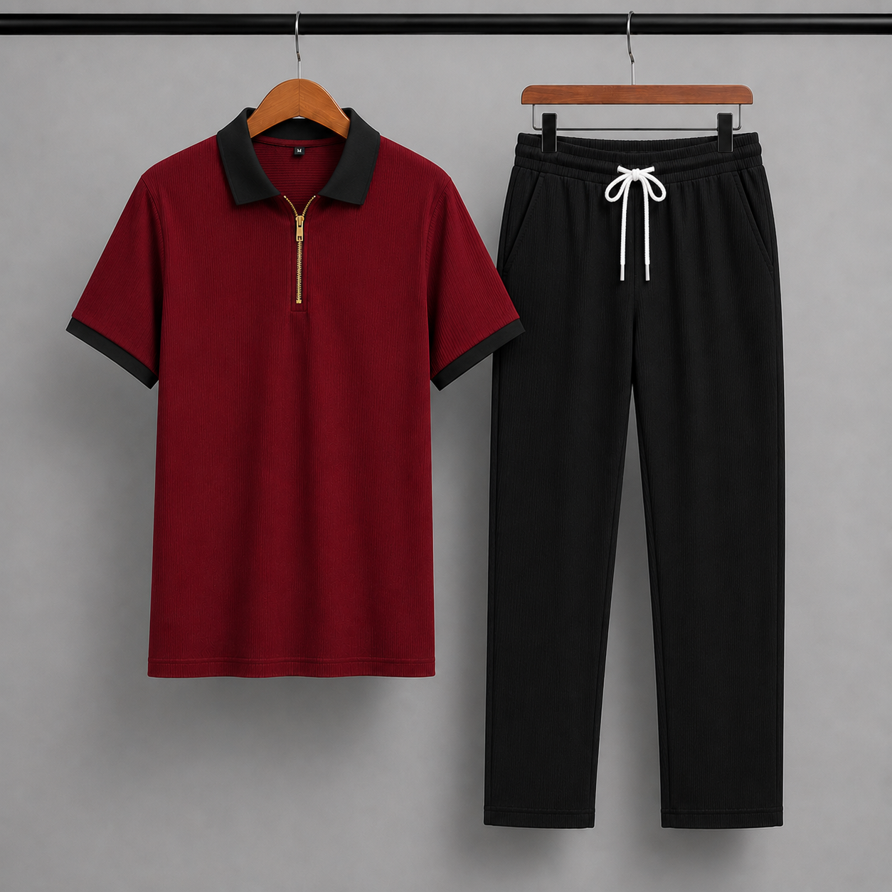 Man's Loose Fit Zipper Polo & Trouser Set - MAROON & BLACK