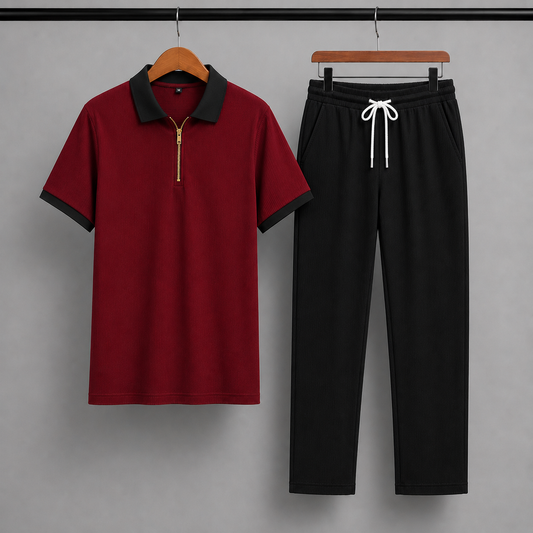 Man's Loose Fit Zipper Polo & Trouser Set - MAROON & BLACK