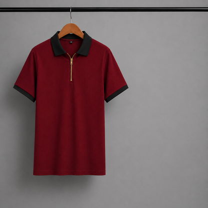 Man's Loose Fit Zipper Polo & Trouser Set - MAROON & BLACK