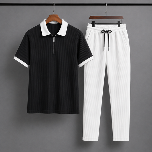 Man's Loose Fit Zipper Polo & Trouser Set - Black & White Premium