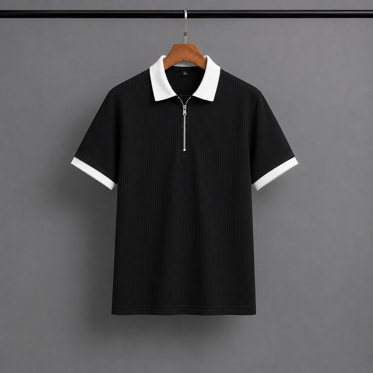 Man's Loose Fit Zipper Polo & Trouser Set - Black & White Premium