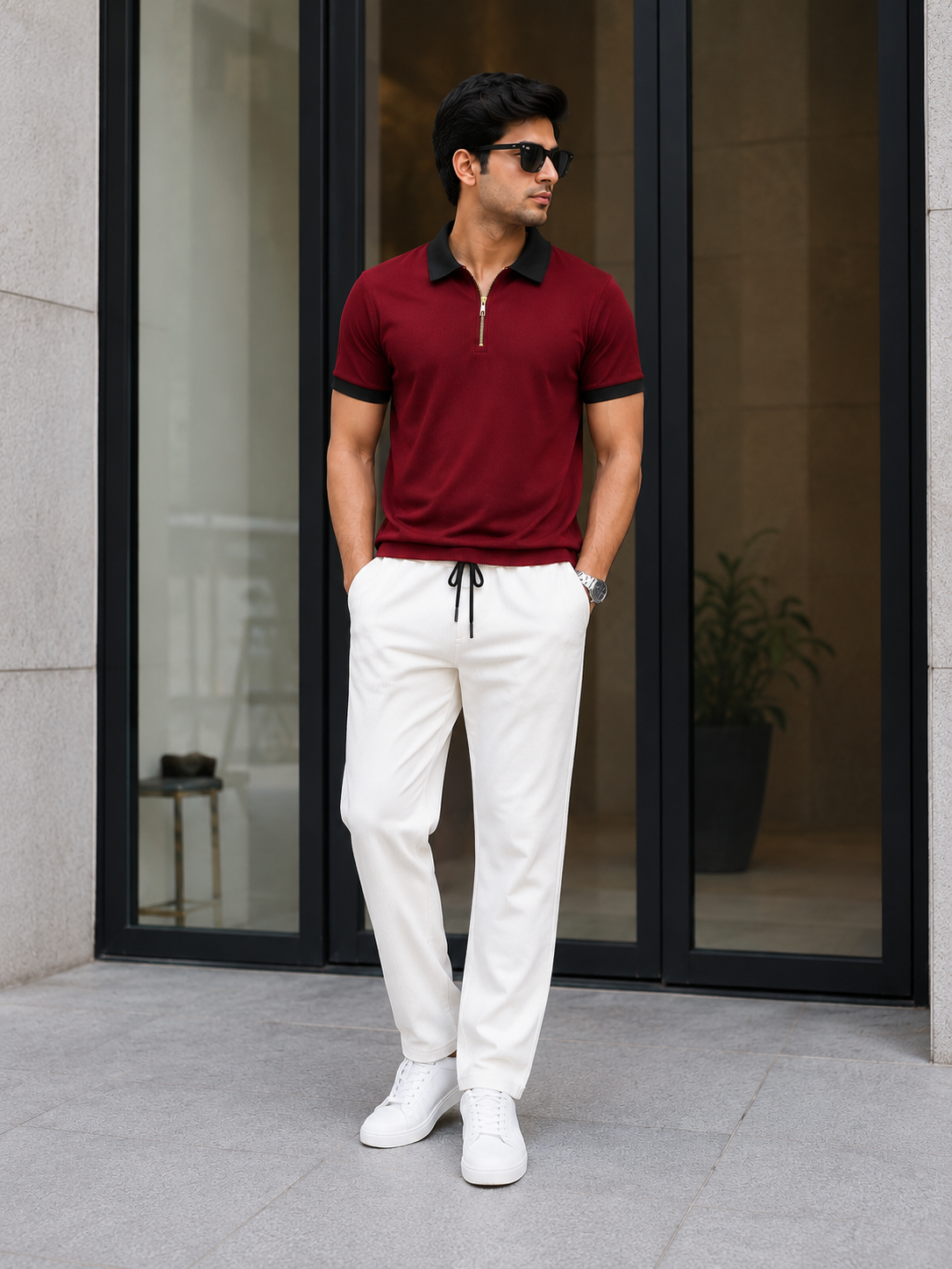 Man's Loose Fit Zipper Polo & Trouser Set - Maroon & White Premium