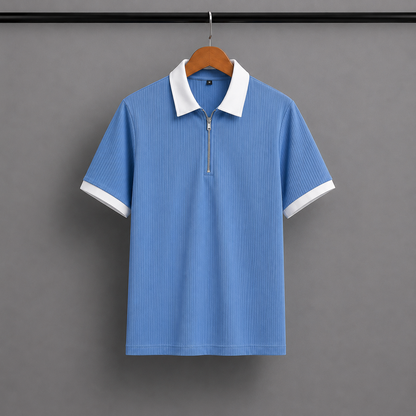 Man's Loose Fit Zipper Polo & Trouser Set - Sky-Blue & White Premium