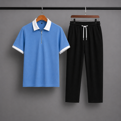 Man's Loose Fit Zipper Polo & Trouser Set - BLUE & BLACK