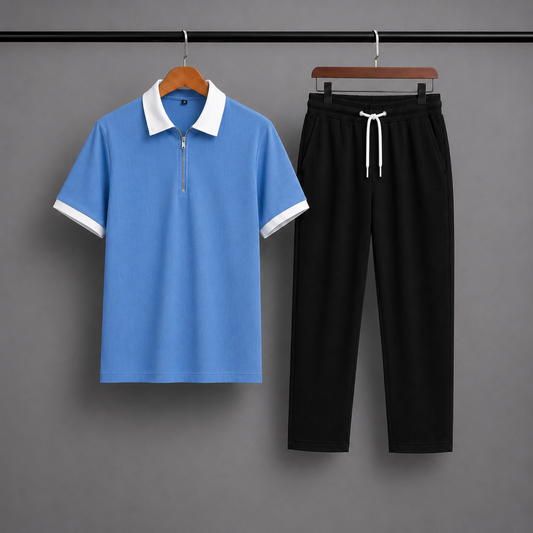 Man's Loose Fit Zipper Polo & Trouser Set - BLUE & BLACK