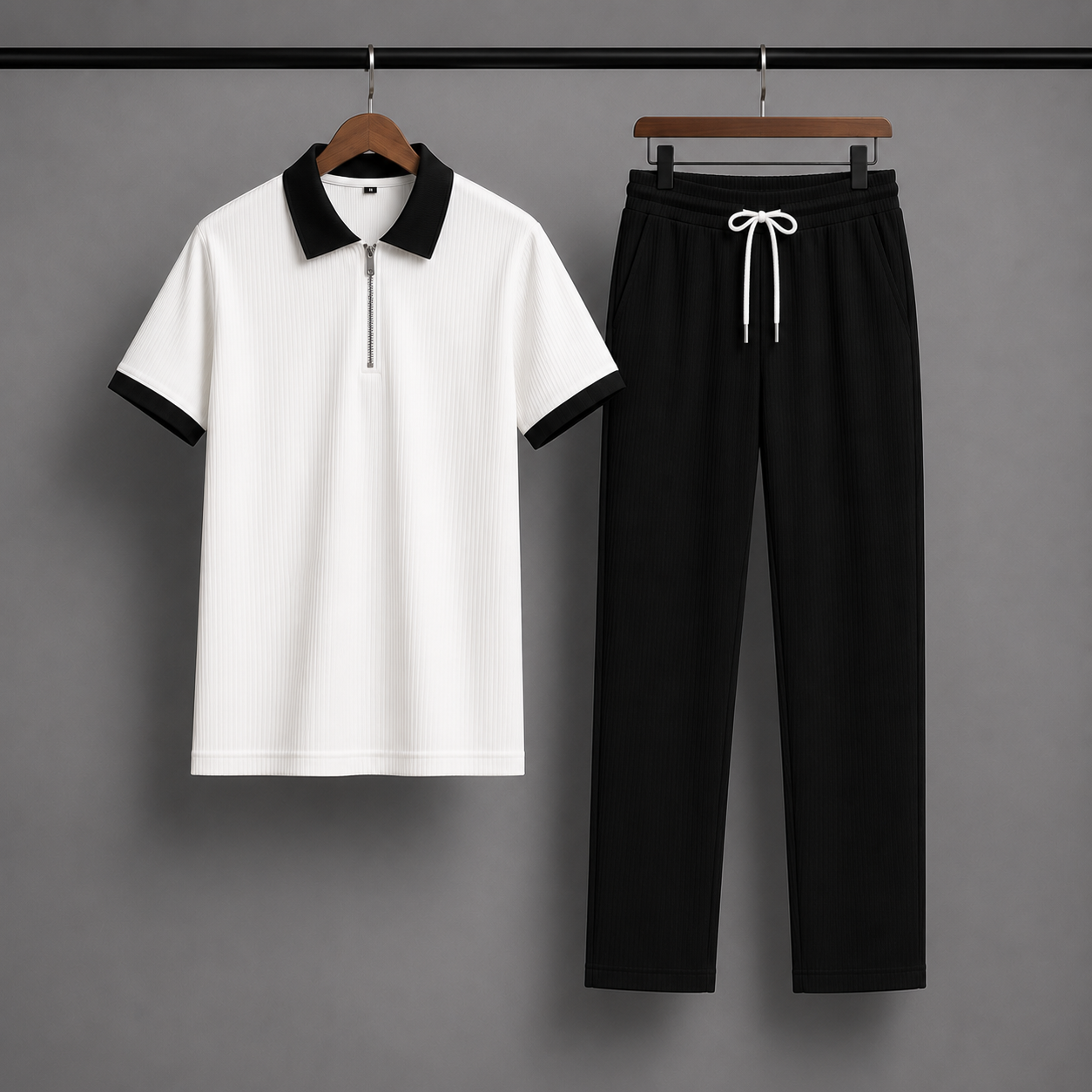 Man's Loose Fit Zipper Polo & Trouser Set - White & Black Premium