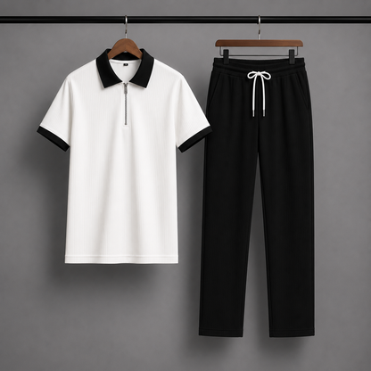 Man's Loose Fit Zipper Polo & Trouser Set - White & Black Premium