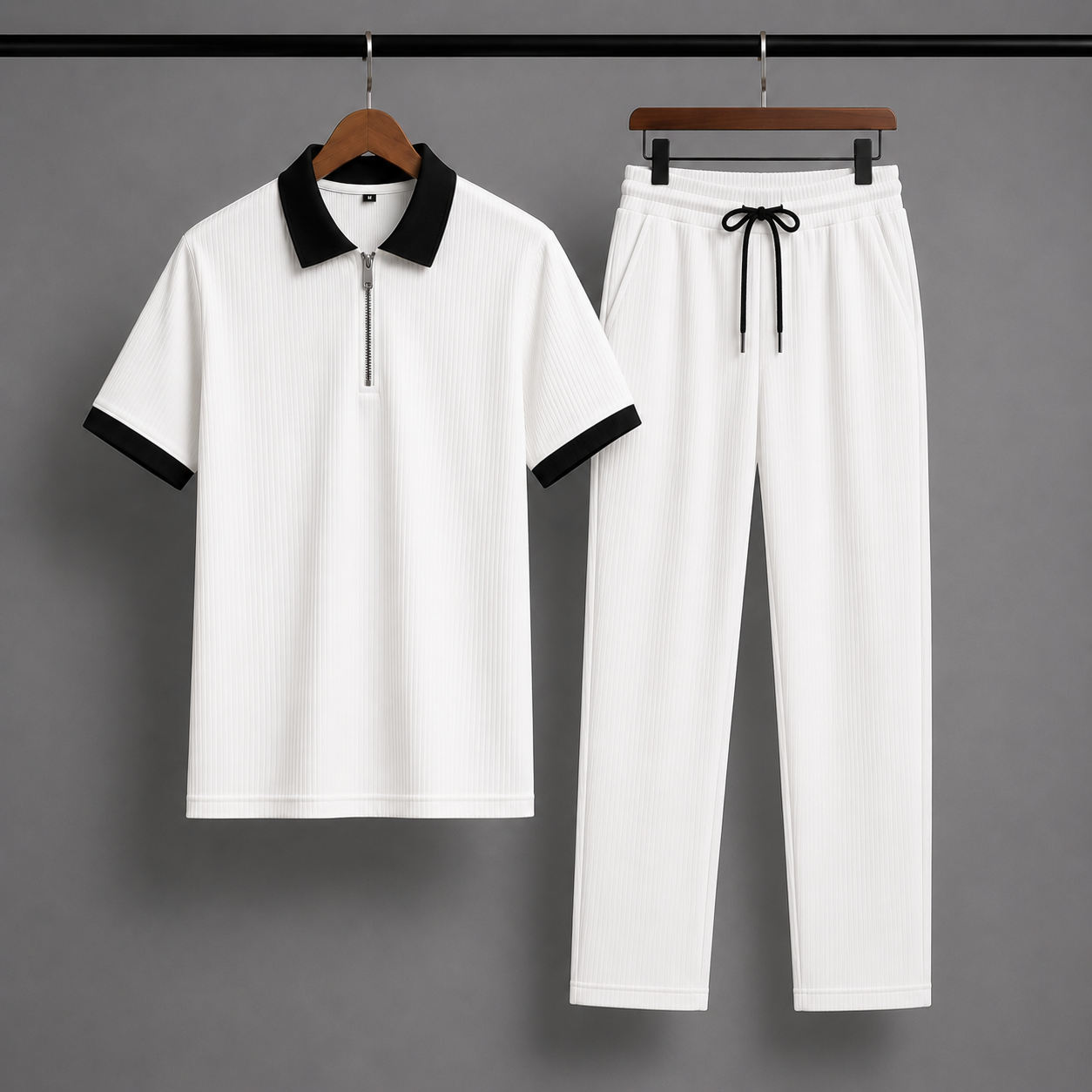Man's Loose Fit Zipper Polo & Trouser Set - WHITE & WHITE