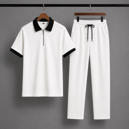 Man's Loose Fit Zipper Polo & Trouser Set - WHITE & WHITE