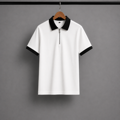Man's Loose Fit Zipper Polo & Trouser Set - WHITE & WHITE