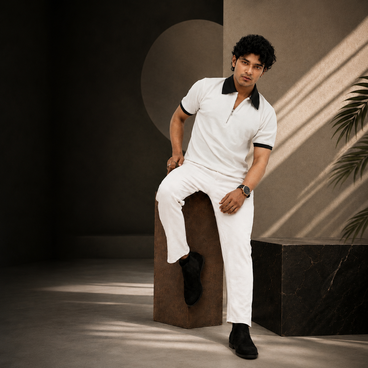 Man's Loose Fit Zipper Polo & Trouser Set - WHITE & WHITE