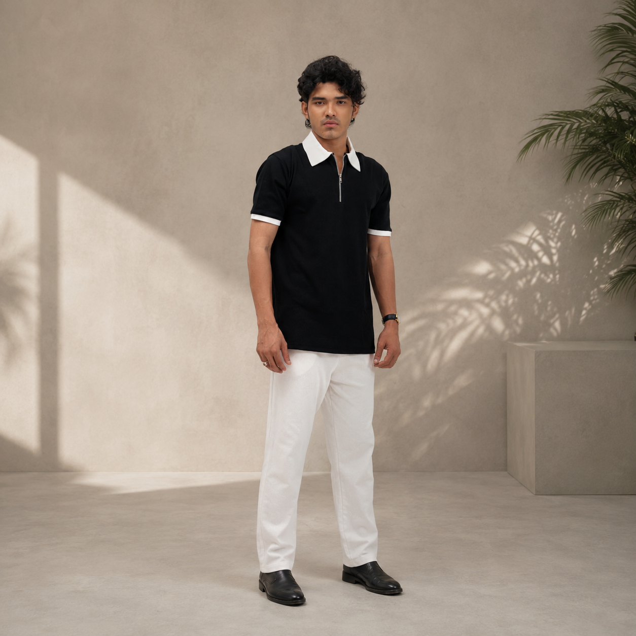 Man's Loose Fit Zipper Polo & Trouser Set - Black & White Premium
