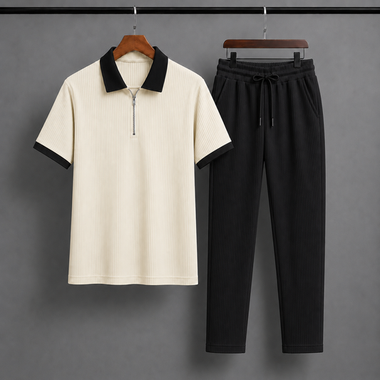 Man's Loose Fit Zipper Polo & Trouser Set - white & black Premium