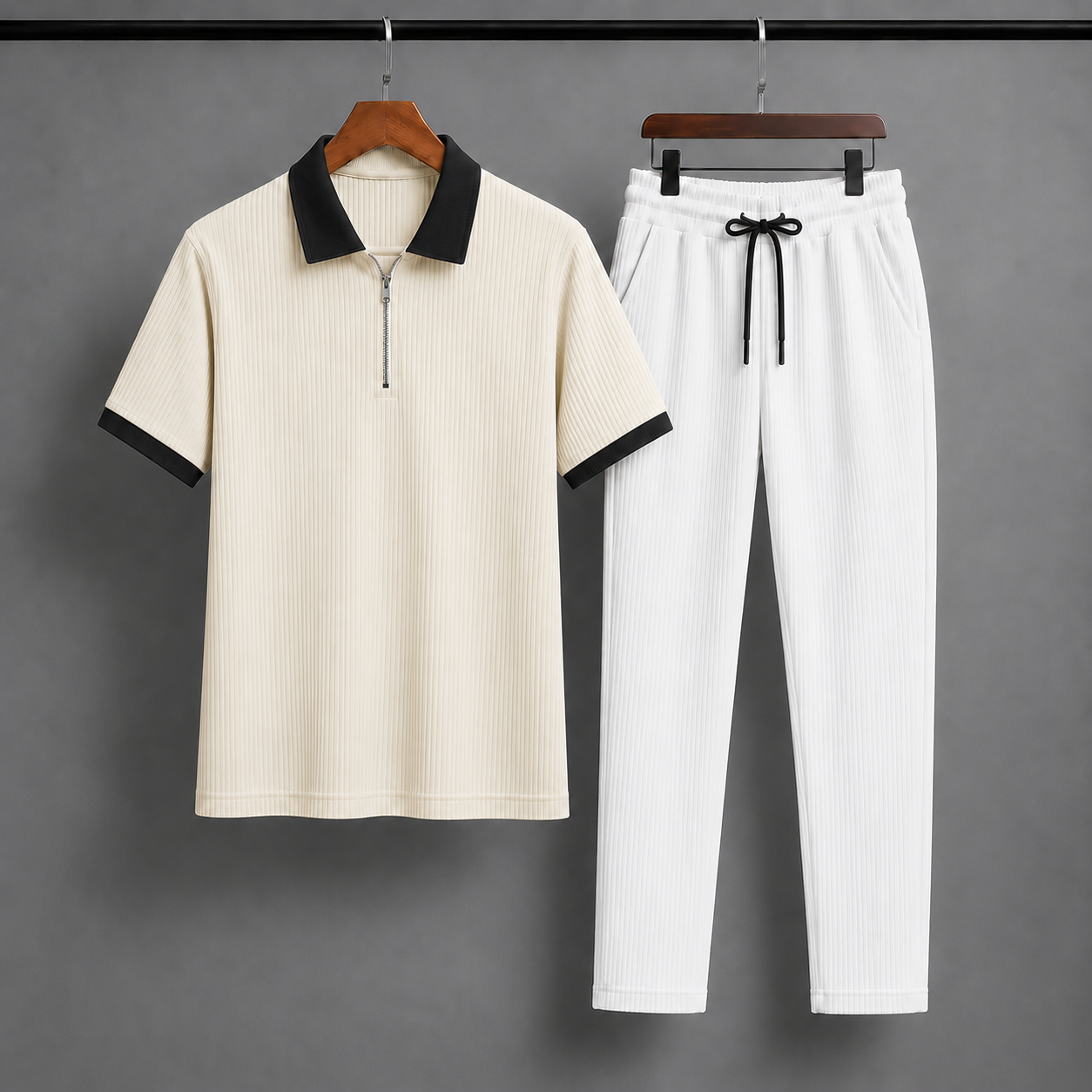 Man's Loose Fit Zipper Polo & Trouser Set - CREAM & WHITE