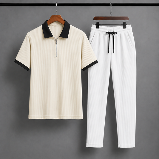 Man's Loose Fit Zipper Polo & Trouser Set - CREAM & WHITE