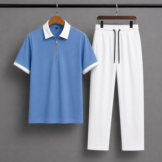 Man's Loose Fit Zipper Polo & Trouser Set - Sky-Blue & White Premium