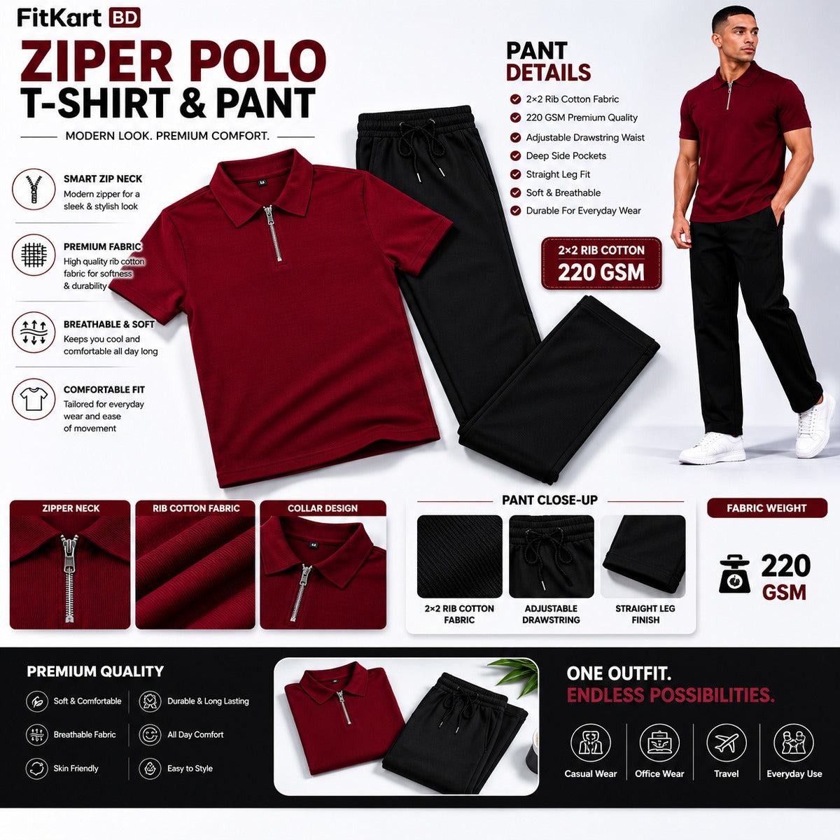 Zipper Polo Maroon T-Shirt  & Black Pant COMBO SET
