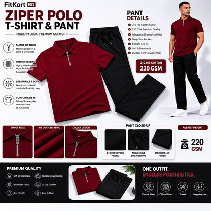 Zipper Polo Maroon T-Shirt  & Black Pant COMBO SET