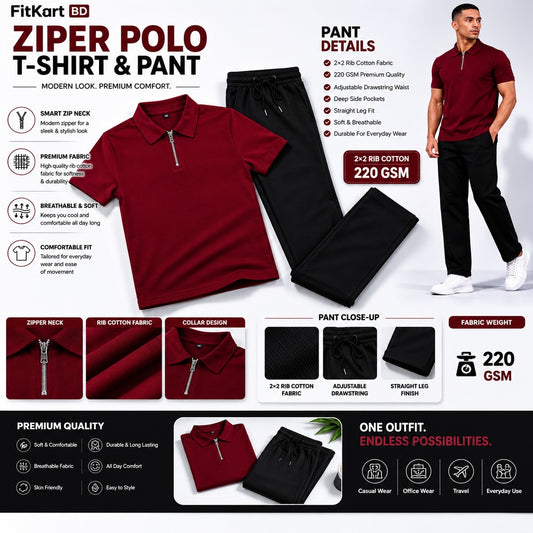 Zipper Polo Maroon T-Shirt  & Black Pant COMBO SET