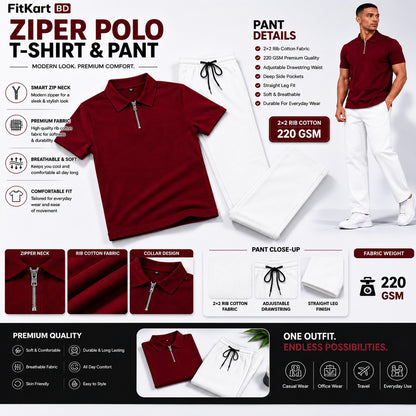 Zipper Polo Maroon T-Shirt  & White Pant COMBO SET Premium