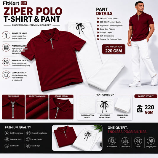 Zipper Polo Maroon T-Shirt  & White Pant COMBO SET Premium