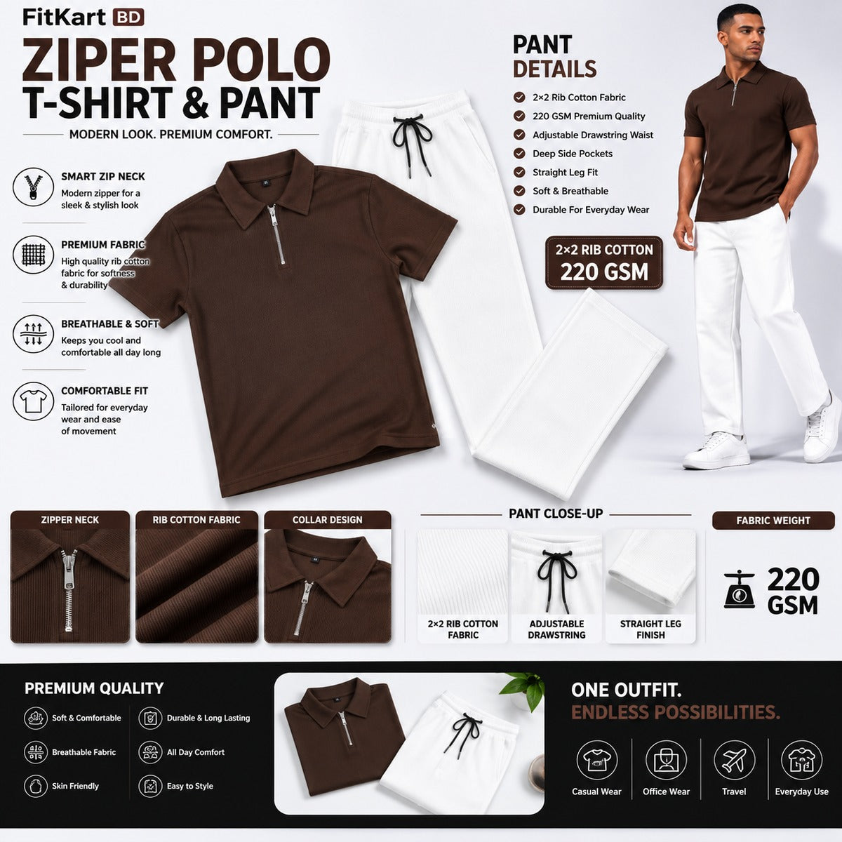 Zipper Polo Coffee Colored T-Shirt  & White Pant COMBO SET Premium