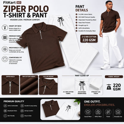 Zipper Polo Coffee Colored T-Shirt  & White Pant COMBO SET Premium