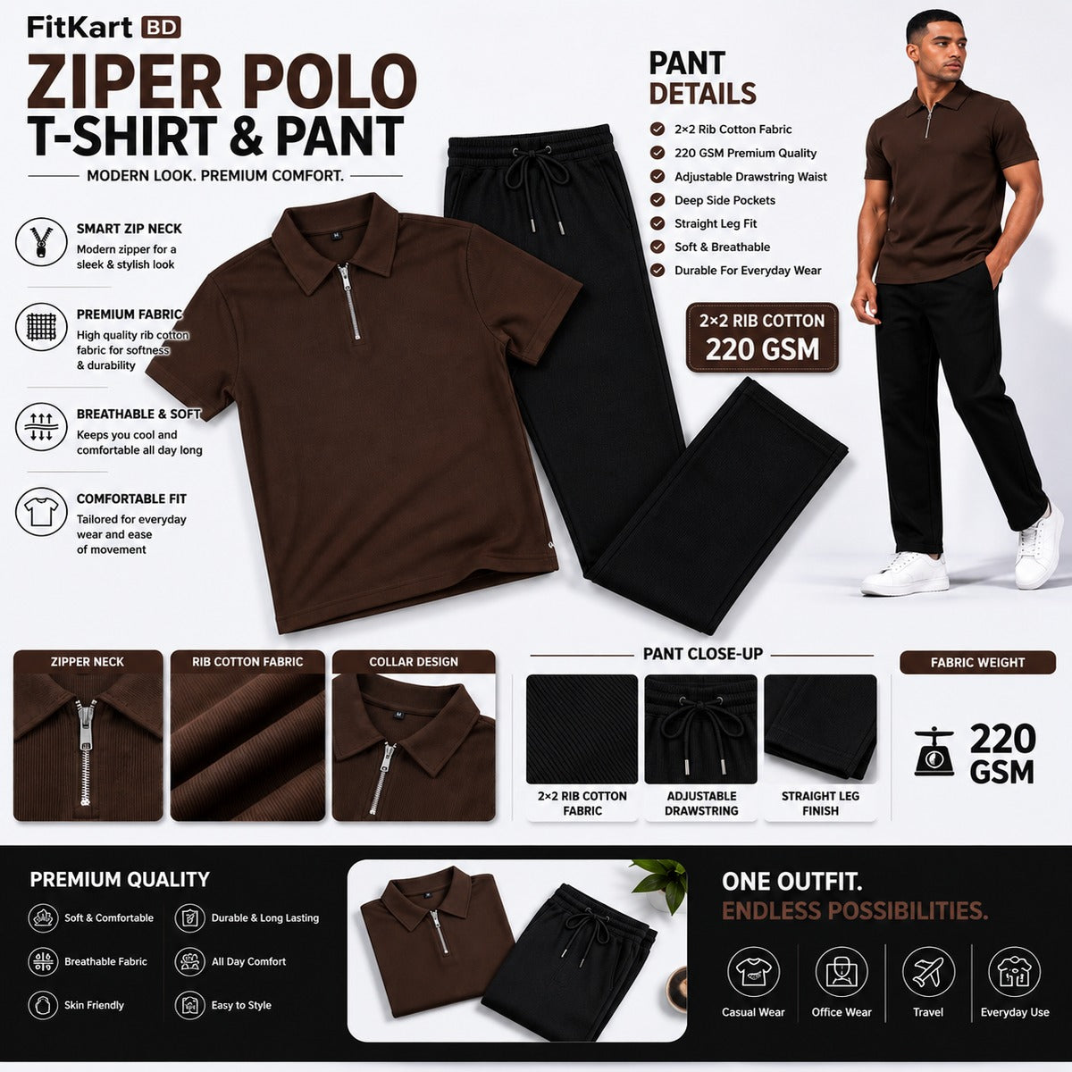 Zipper Polo Coffee Colored T-Shirt  & Black Pant COMBO SET Premium