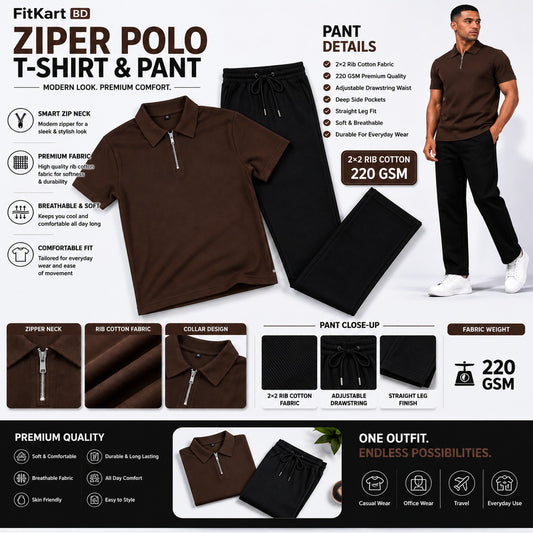 Zipper Polo Coffee Colored T-Shirt  & Black Pant COMBO SET Premium