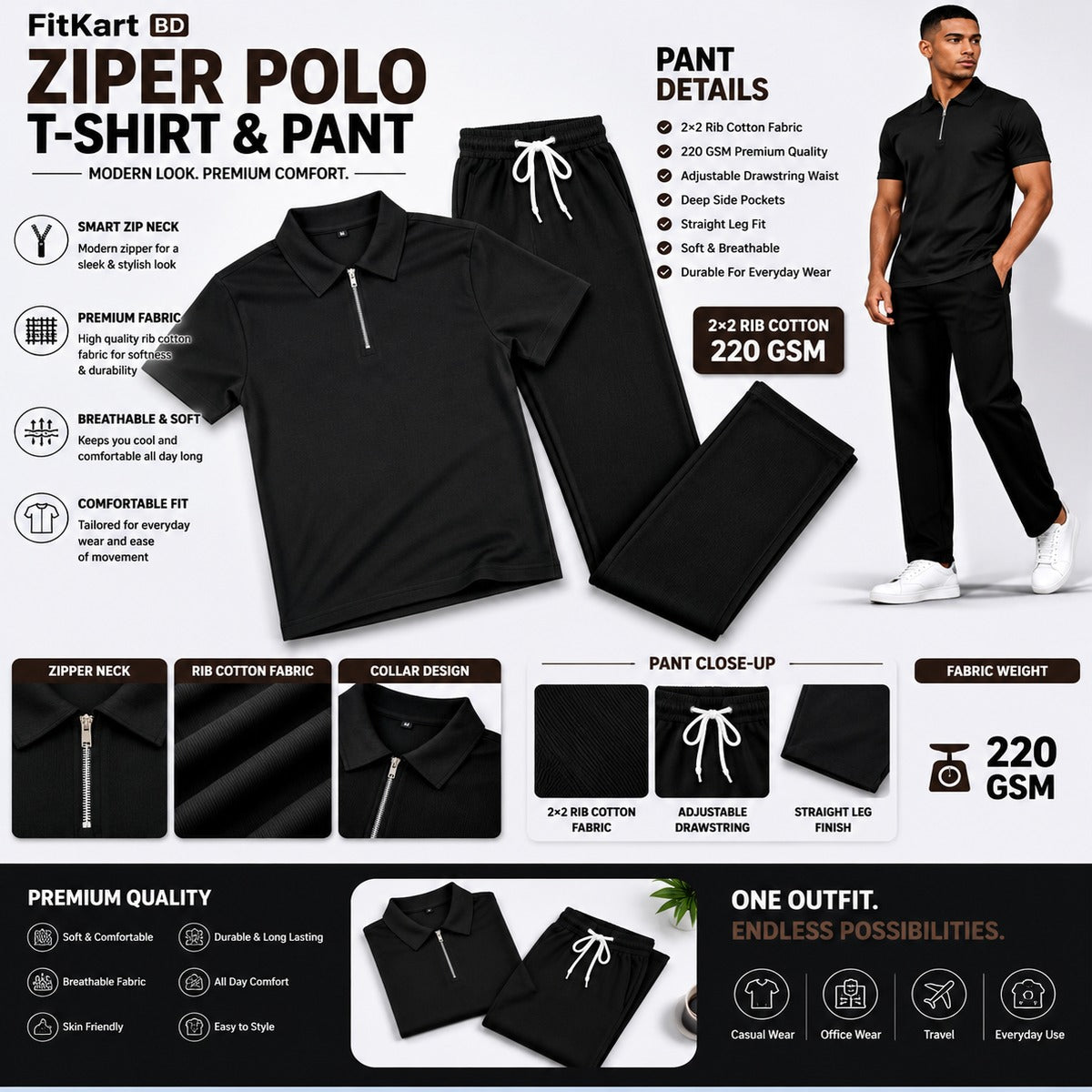 Zipper Polo Black Colored T-Shirt  & Black Pant COMBO SET Premium