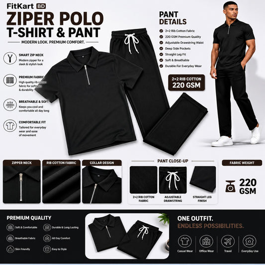 Zipper Polo Black Colored T-Shirt  & Black Pant COMBO SET Premium