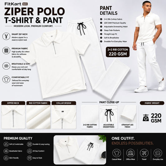 Zipper Polo White T-Shirt  & White Pant COMBO SET Premium