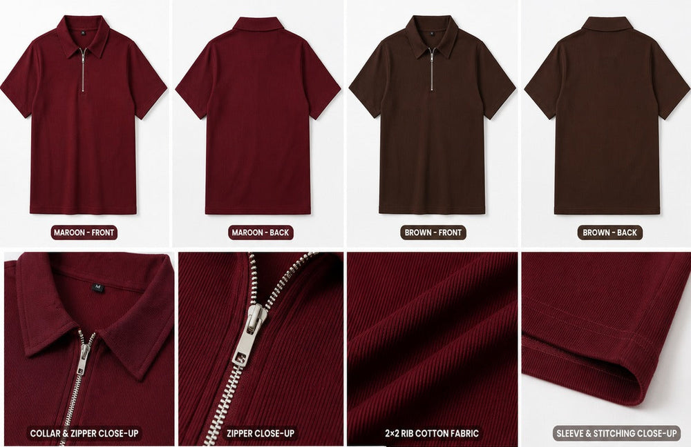 Collage of maroon and brown polo shirts with various views and close-ups.