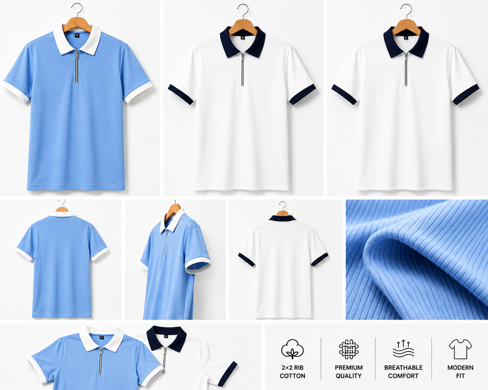 Collection of blue and white polo shirts on hangers with fabric texture and quality icons displayed.