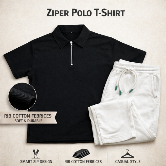 Zipper Polo Black Colored T-Shirt  & White Pant COMBO SET Premium