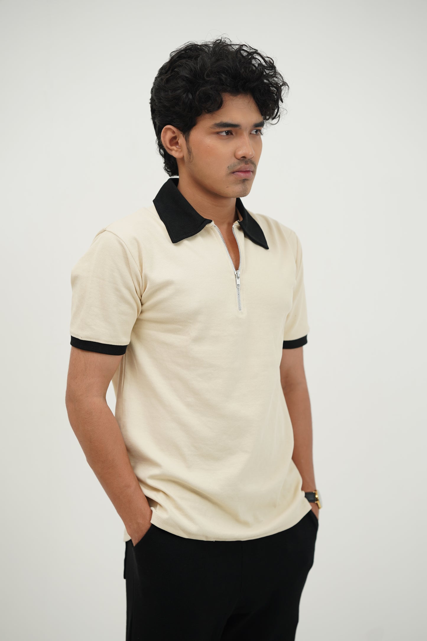 Man's Loose Fit Zipper Polo & Trouser Set - white & black Premium