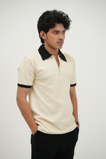 Man's Loose Fit Zipper Polo & Trouser Set - white & black Premium