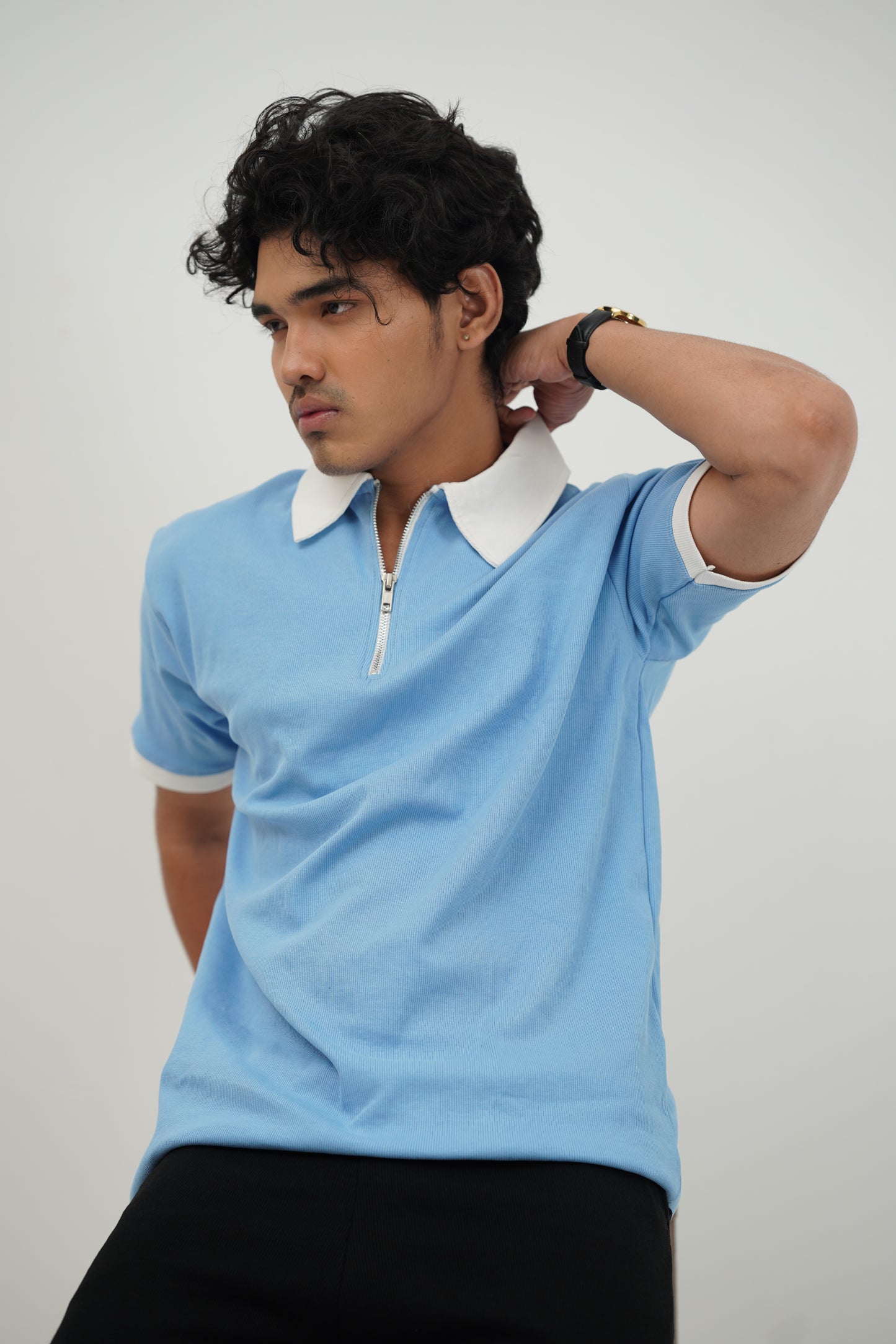 Man's Loose Fit Zipper Polo & Trouser Set - Sky-Blue & White Premium