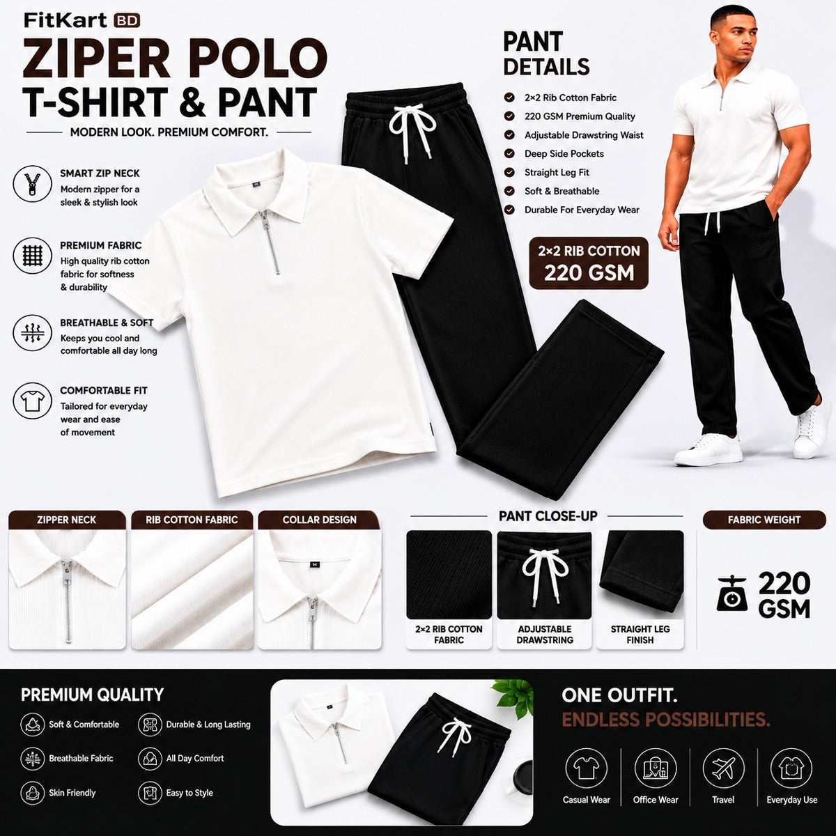 Zipper Polo White T-Shirt  & Black Pant COMBO SET Premium