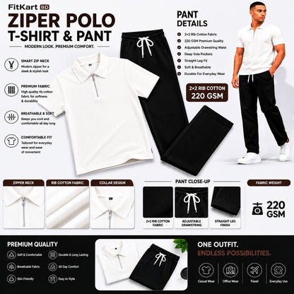Zipper Polo White T-Shirt  & Black Pant COMBO SET Premium