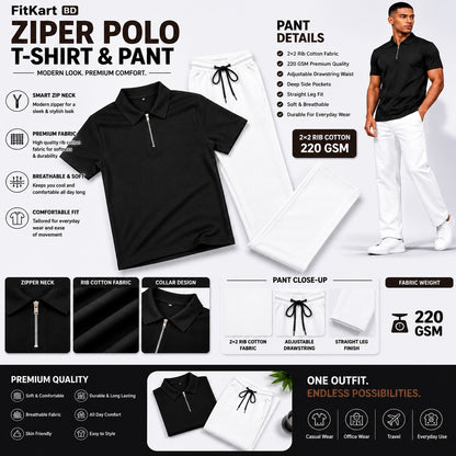 FitKart zipper polo t-shirt and pant with product details and man wearing outfit.