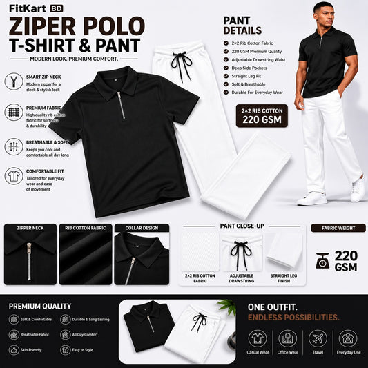 FitKart zipper polo t-shirt and pant with product details and man wearing outfit.