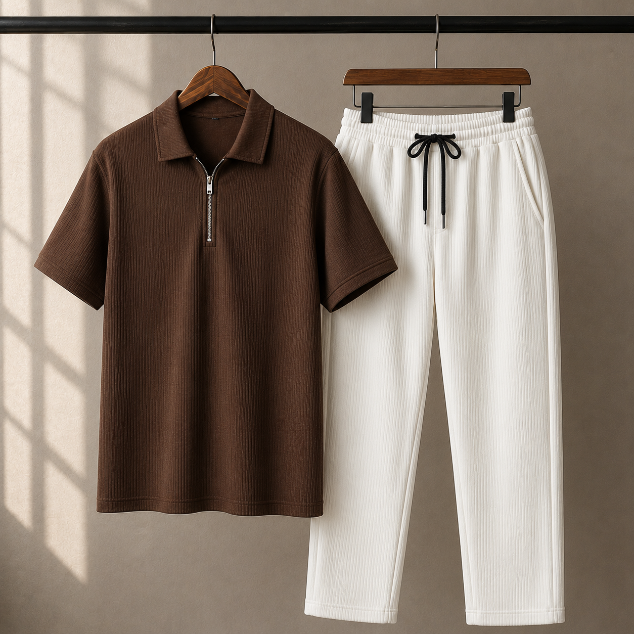 Zipper Polo Coffee Colored T-Shirt  & White Pant COMBO SET Premium