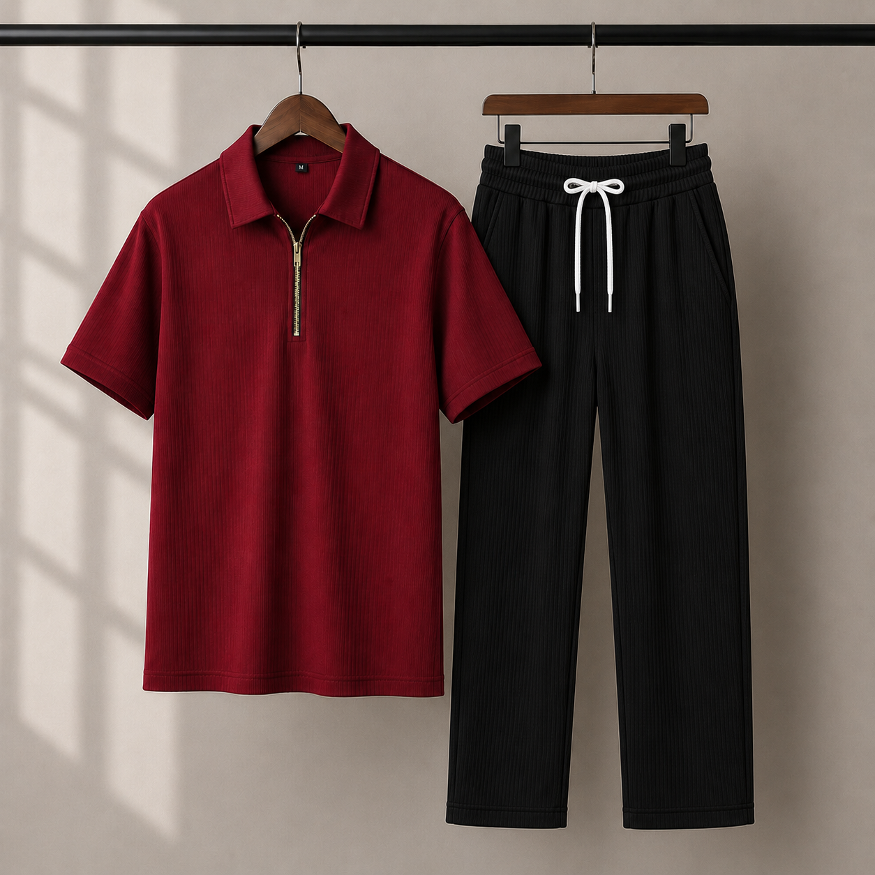 Zipper Polo Maroon T-Shirt  & Black Pant COMBO SET