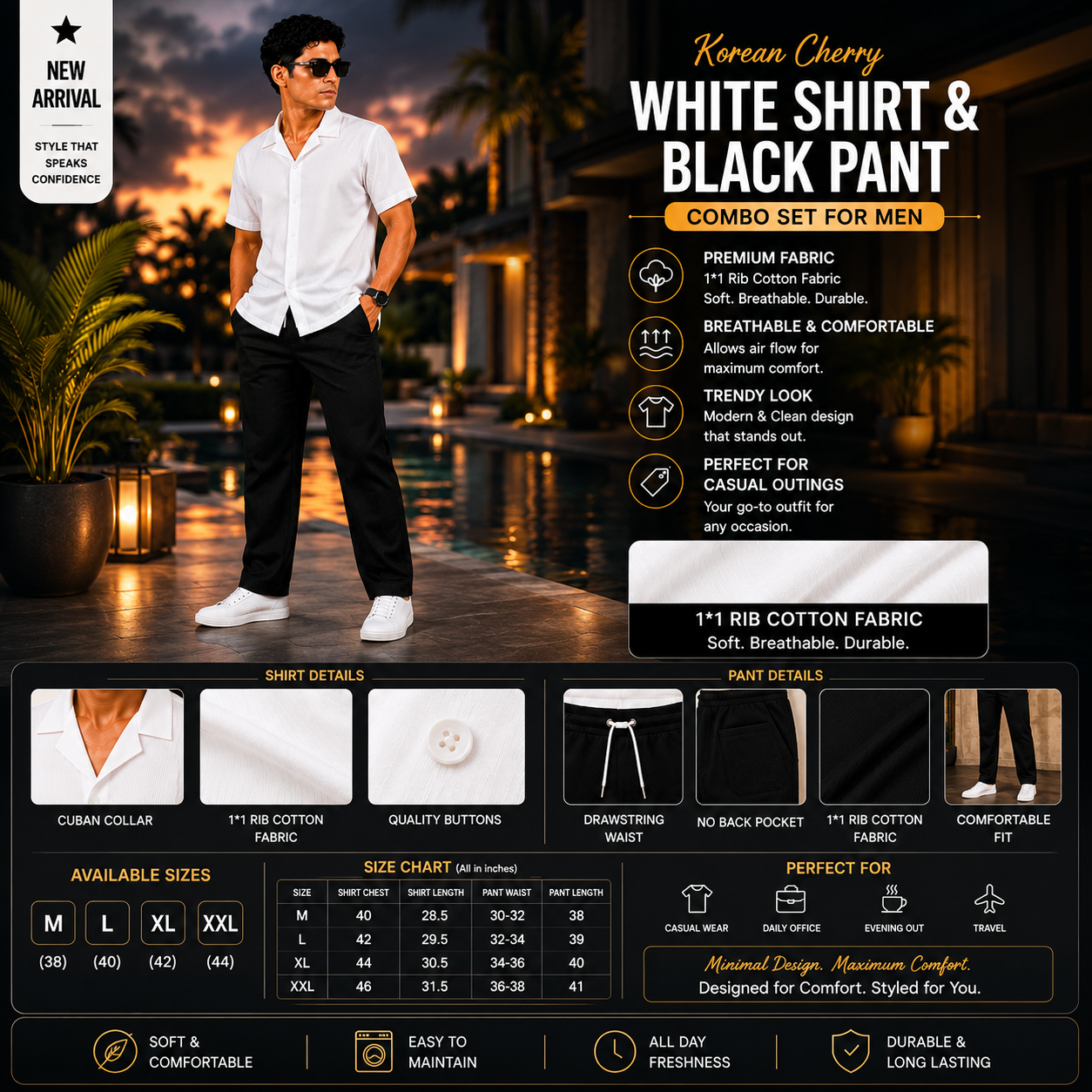 Man wearing a white shirt and black pants standing by a pool with promotional text about the outfit.