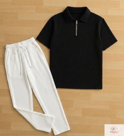 Zipper Polo Black T-Shirt & White Pant COMBO SET