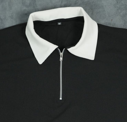 Man's Loose Fit Zipper Polo & Trouser Set - Black & White Premium