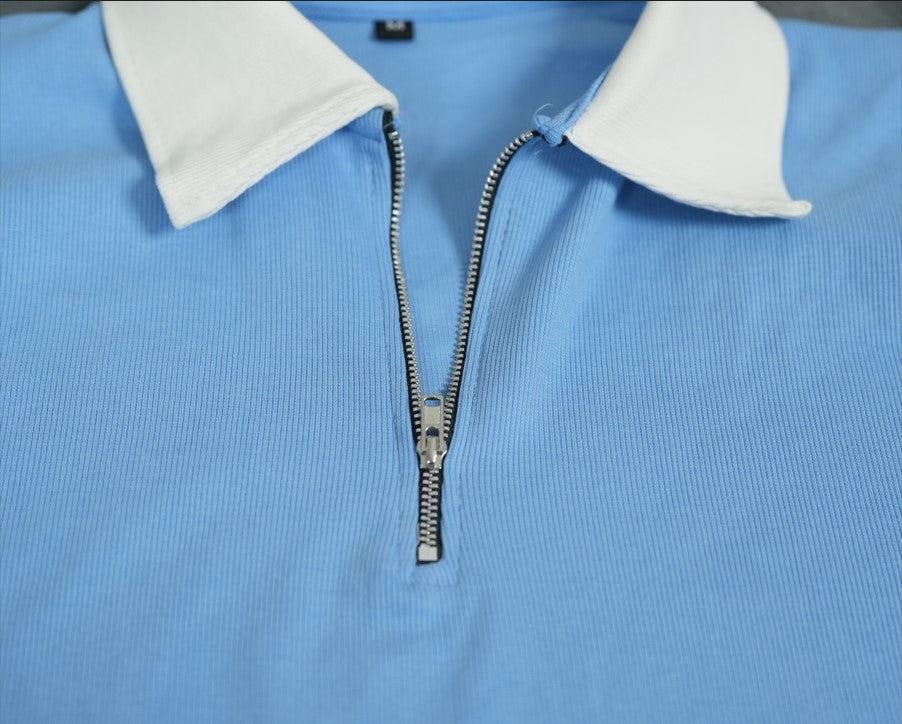 Man's Loose Fit Zipper Polo & Trouser Set - BLUE & BLACK