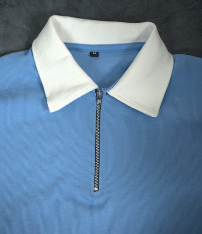 Man's Loose Fit Zipper Polo & Trouser Set - Sky-Blue & White Premium