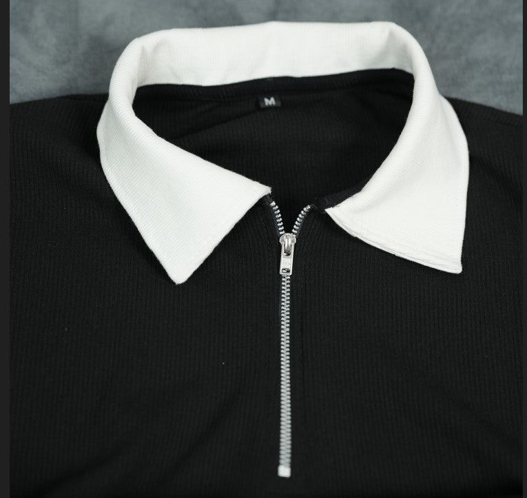 Man's Loose Fit Zipper Polo & Trouser Set - BLACK & BLACK